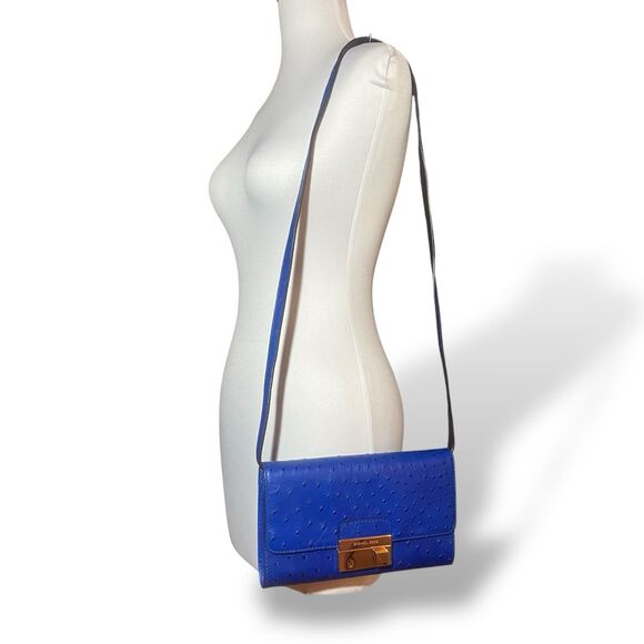 Michael Kors Blue Ostrich Embossed Leather Convertible Clutch Shoulder Bag w/Key - Picture 2 of 12